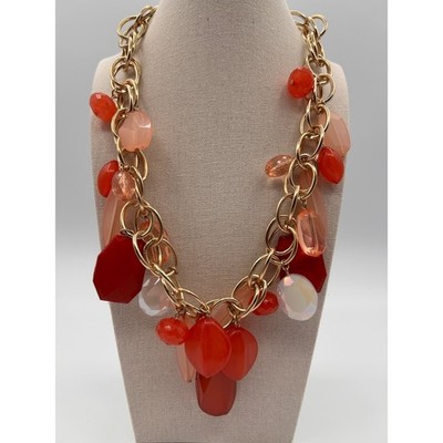 Gold Tone Statement Necklace Red Coral Chunky Dangle Bead Single Strand 18''