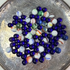 Estate Sale Lot of 89 Vintage Marbles, blue cobalt, aqua, swirl ETC ETC in a JAR