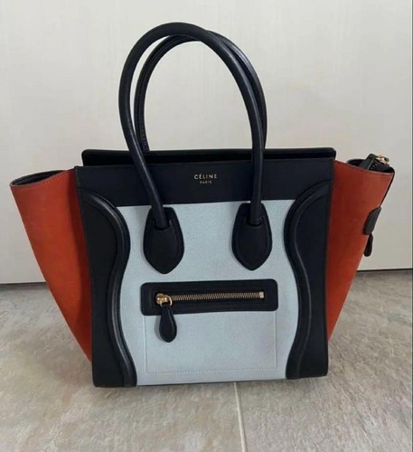 CELINE Luggage Nano Handbag Phoebe Milky Blue Orange Black Women Rare Auth Used