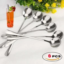 6 Pack Long 7.5in Handle Stainless Spoons Mixing Ice Cream Coffee Tea Spoon Set