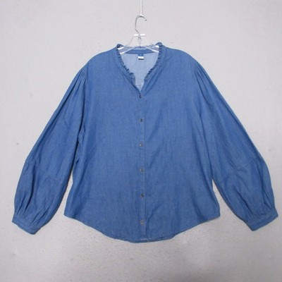 Old Navy Top Women XL Blue Chambray Cotton Ruffle Collar Capsule Wardrobe NWT