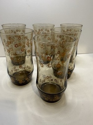 Vintage Set Of 6 Libby  Strawflower  Pattern Glass Tumblers 1970 H 5.5 