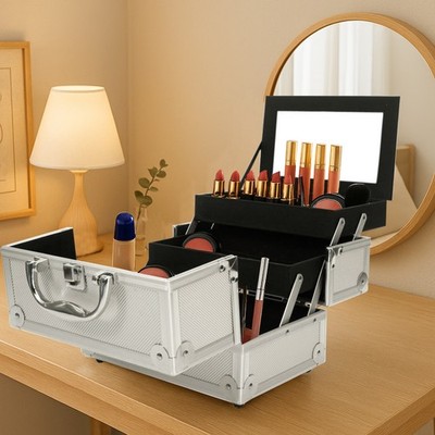 Aluminum Makeup Case Jewelry Box Organizer with Mirror 9''x6''x6'' Silver SM-2176