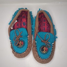 Vintage Disney Pocahontas Moccasins Blue Leather Fringe Shoes Girls Large 2-3 