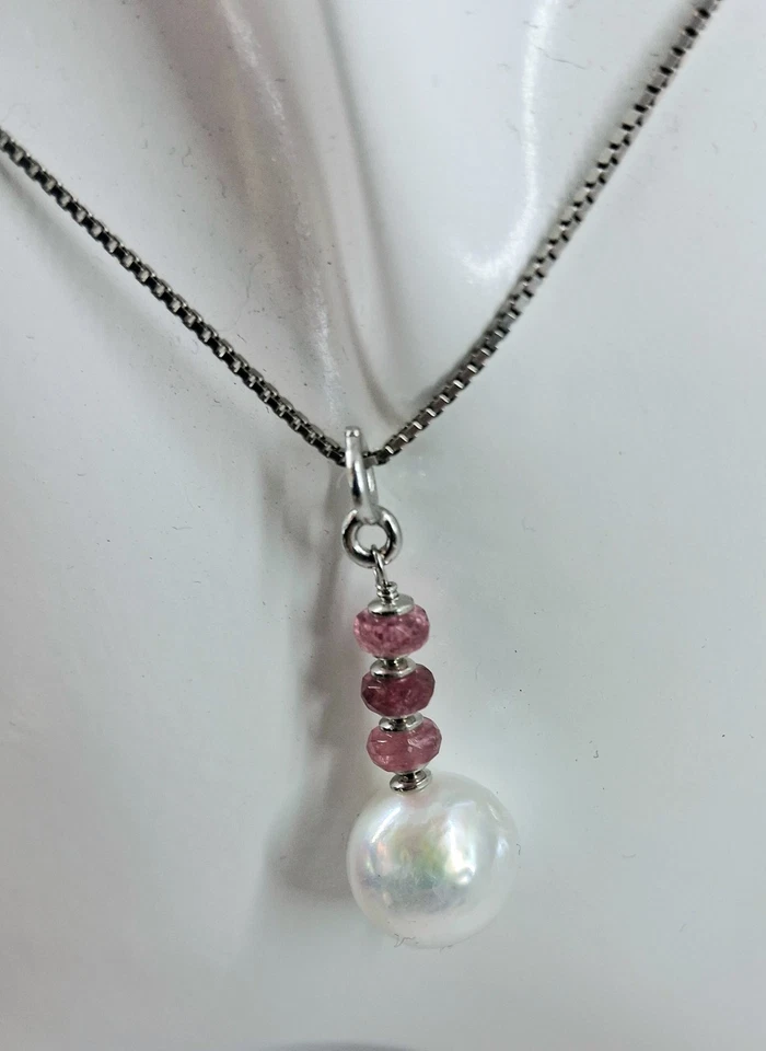 Collana in argento 925 perla barocca bianca 10/12 mm tormalina naturale natale - Immagine 2 di 4