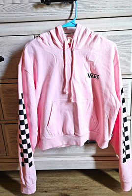 VANS Womens Pink/Black Pullover Hoodie Checkerboard Sleeves Logo Fleece S