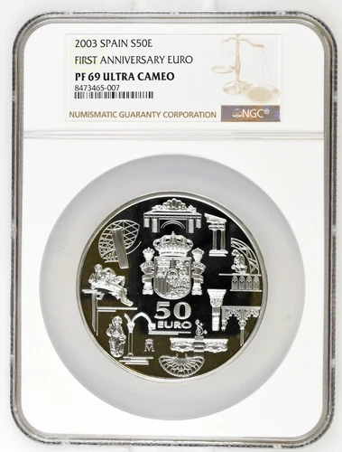 2003 Spain 50 Euros First Anniversary of the Euro Silver Coin NGC PF 69 UC