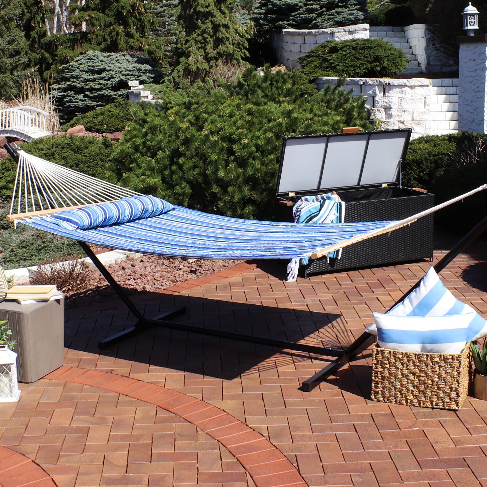 Large Quilted Fabric Hammock with Spreader Bar and Pillow - 