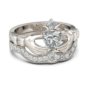 Authentic 1Ct Heart Cut Lab Created Crown Claddagh Engagement Ring 14K White Gold Plated