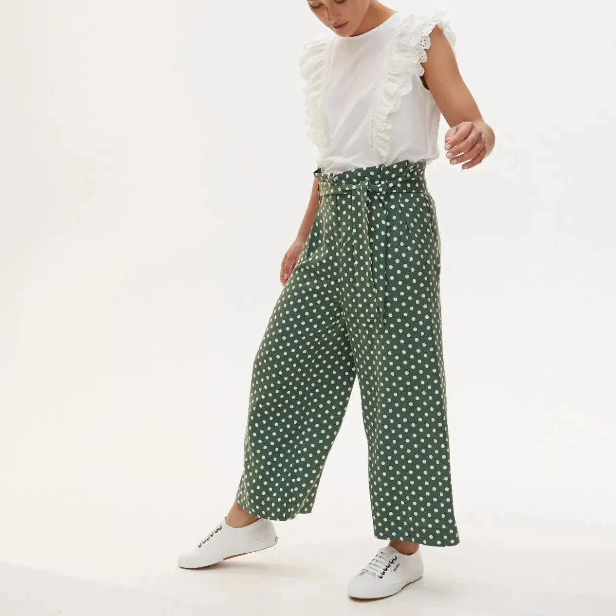 Ex Oliver Bonas Polka Dot Print Green & White Culotte Trousers Spotted Bottoms