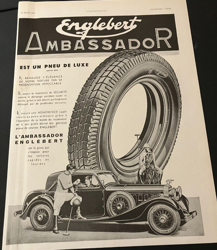 1935 Englebert Ambassador Tires - Vintage Original French Print Ad / Wall Art