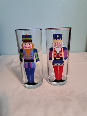2 Christmas Nutcracker Glasses Color Rimmed Sleigh Bell Bistro 6 Inch