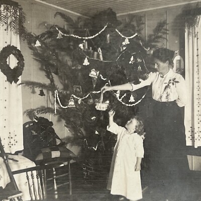 Vintage Snapshot Photograph Upside Down Christmas Tree Mother Little Girl Odd