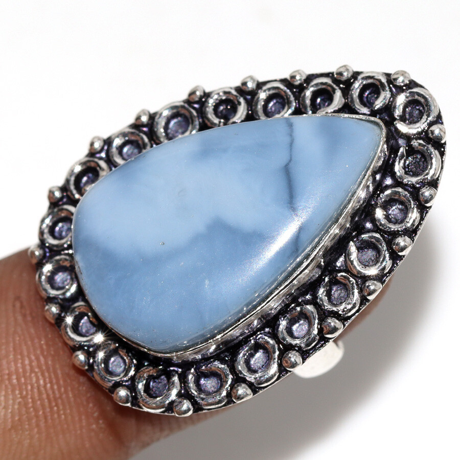 925 Silver Plated Owhyee Blue Opal Ethnic Ring Jewelry Size US 5.5 JW