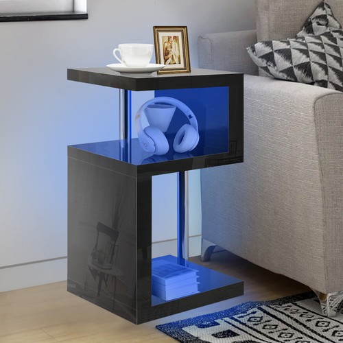 Mesa de centro lateral de alto brillo de 2 niveles mesa de cabecera con luz LED sala de estar - Imagen 16 de 43
