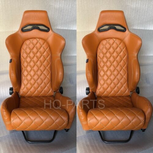 2 X TANAKA TAN PVC LEATHER RACING SEATS RECLINABLE + DIAMOND STITCH FOR BMW