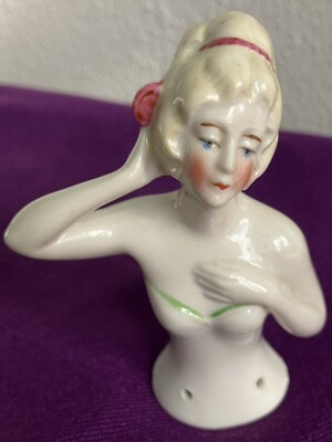 VINTAGE Porcelain China Pin Cushion Top Half Doll 6348 Germany Lady 3.5'' Tall