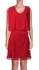 Laundry ~ Red Blouson Jersey V-Neck Drape Back Lace Skirt Party Dress 2 NEW $148