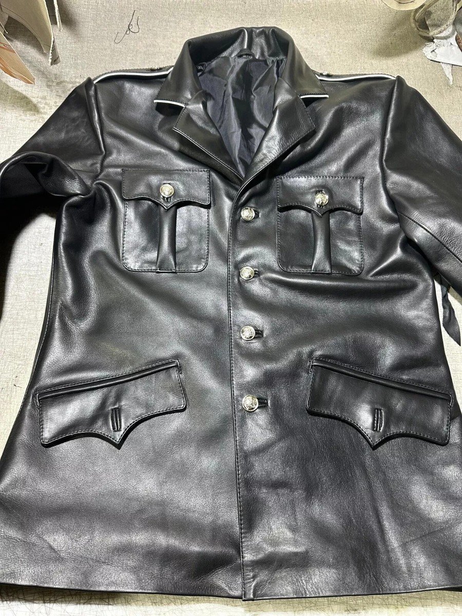 Military Vintageドイツ軍　LEATHER JACKET Men's German Military Style Leather Uniform Jacket - Black