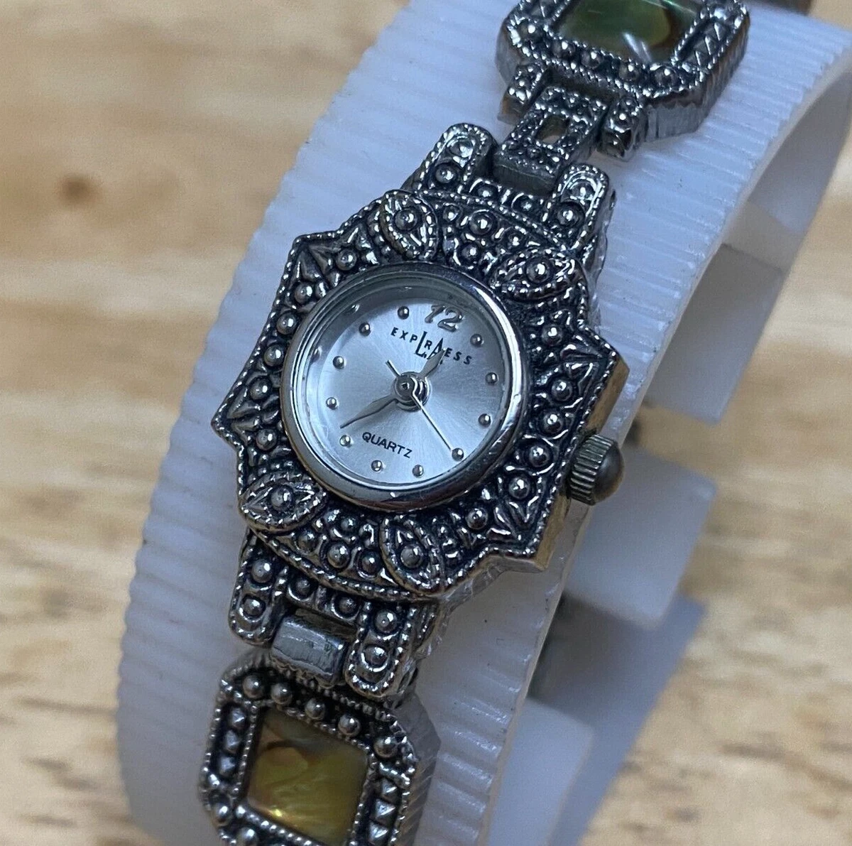 LA Express Watch Japan Quartz Women Silver Abalone Ornate Bracelet
