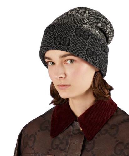 NEW GUCCI BLACK GRAY JUMBO GG DOUBLE LAYERED REVERSIBLE WOOL BEANIE HAT M UNISEX - Picture 7 of 12