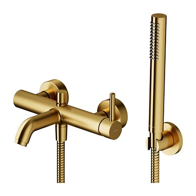 Set Badewannenarmatur + Handbrause Badewanne Wannenbatterie Wand Gold gebürstet