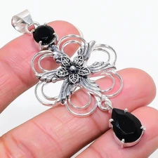 Black Spinel Gemstone Handmade 925 Sterling Silver Jewelry Pendant Size 3.2''