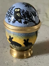 Halcyon Days English Enamel Egg with Rabbits and an Owl