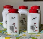 HTF Vintage McKee Tipp City Milk Glass WATERING CAN GIRL Range Shaker Set Of 5