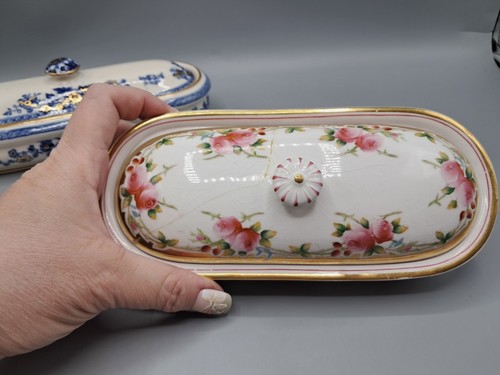 Pair Of Antique Ironstone Minton Lidded Toothbrush Holders 1 Pink 1 Blue - Picture 6 of 17