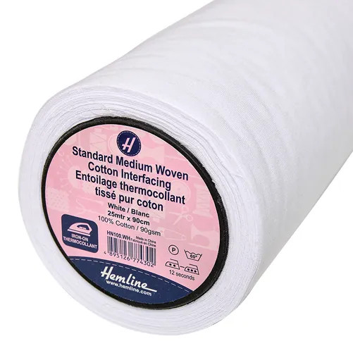Hemline Interfacing: Standard: Medium: Cotton: Woven: Iron-on: 25m x 90cm: White