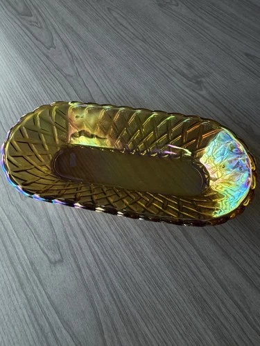 Vintage Indiana Glass Carnival Oval Bowl Basket Weave Iridescent Amber