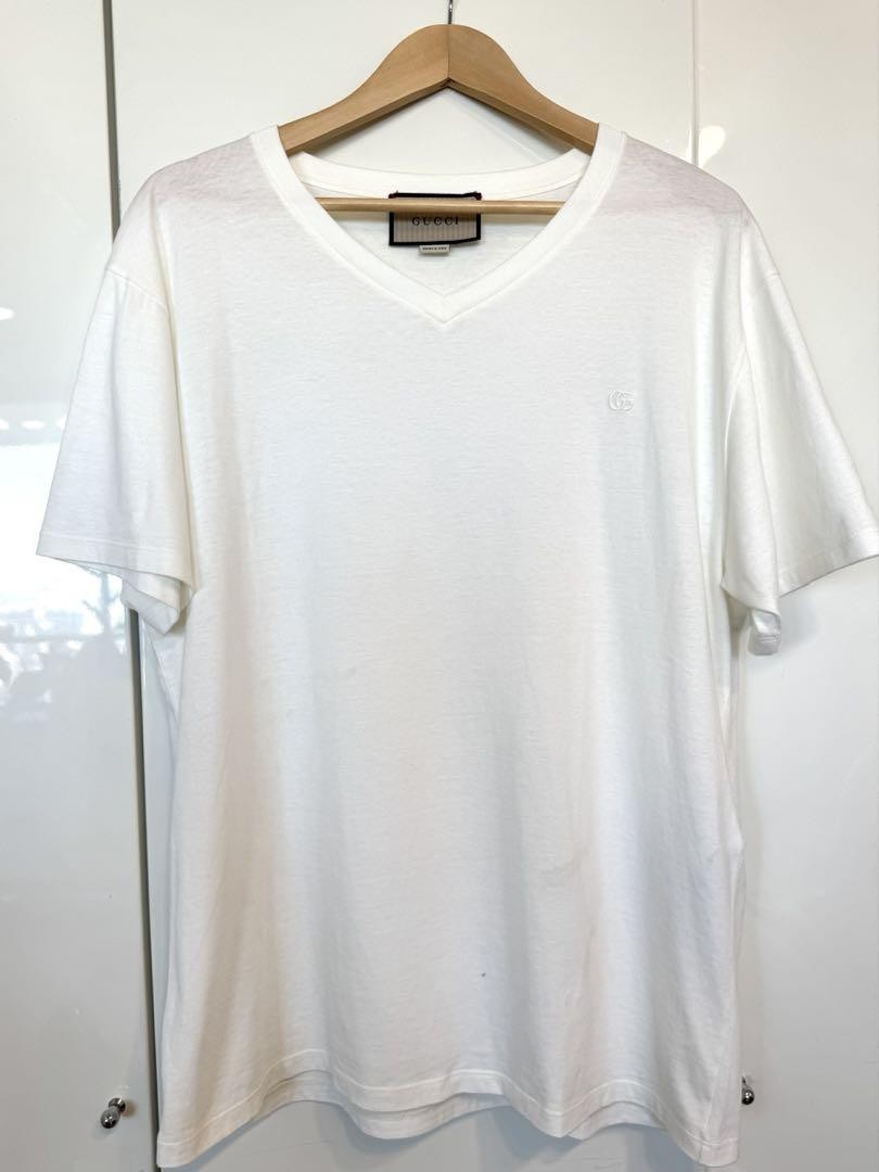 Gucci White V-Neck Logo Embroidered Cotton T-Shirt