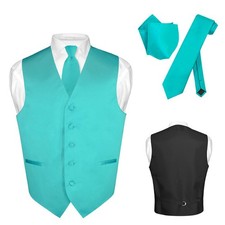 Men's Dress Vest NeckTie Hanky TEAL Green Color Neck Tie Set for Suit or Tuxedo