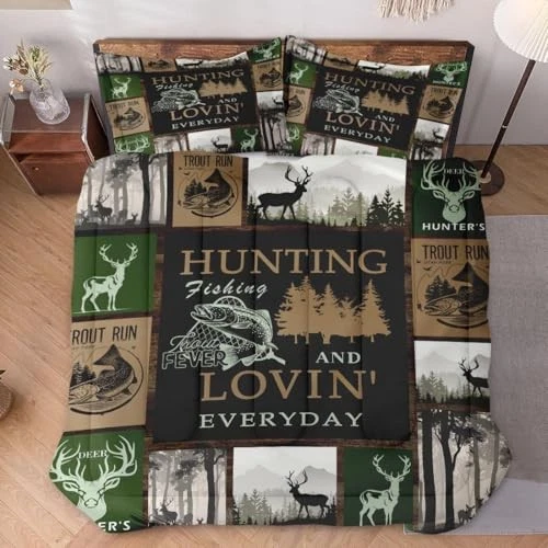 Size Comforter Set with 2 Pillowcases, Retro Mountains Gray King Hunting Deer - Image 2 of 4