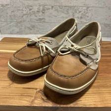 Sperry Top Sider Womens Sz 11 Angelfish Boat Shoes Tan Oat Brown / Silver - MINT