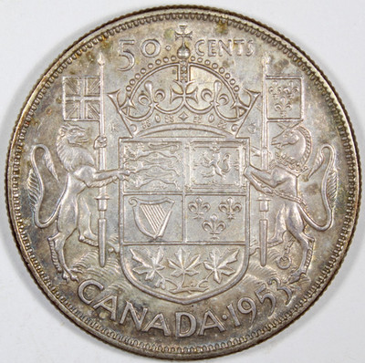 1953 Large ''3'' Without Straps Canada 50 Cent Almost Unc Plus KM-53 Free Shipping