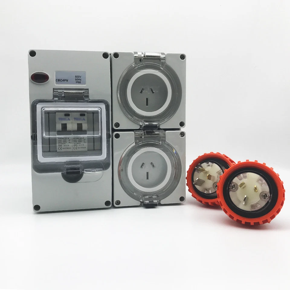3 pin 2 x 15 Amp RCD Protected Outlet with 2x Male Plug IP66 Outlet Industrial - Image 2 of 4