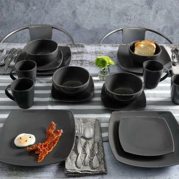 DINNERWARE SET 16-PCS Plates Bowls Mugs Dishes Stoneware Square Dinner Kitchen!