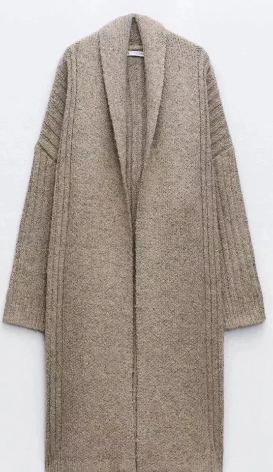 ZARA BEIGE OVERSIZED RIBBED KNIT COAT LONG CARDIGAN SIZE S - Image 2 of 3