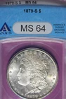 1879-S Morgan Silver Dollar,  MS64. ANACS, Rim Toning,  Issue Free