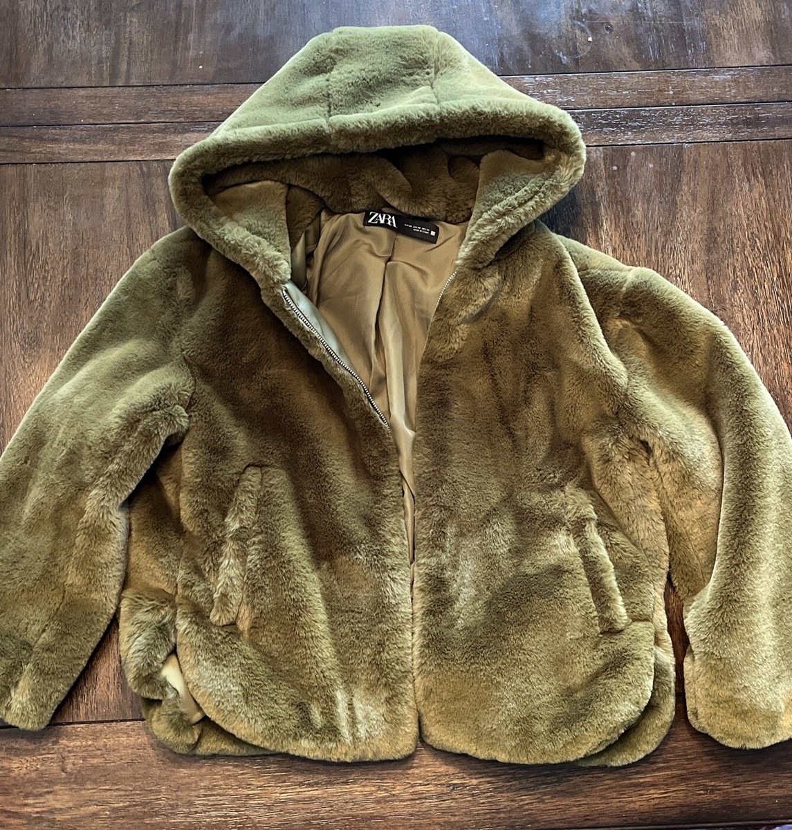 Zara Womens Jacket Green Hooded Fluffy size S small | eBay