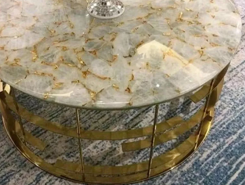 30" White Quartz Stone Coffee Table with Golden Healing Handmade Farmhouse Table - Picture 2 of 8