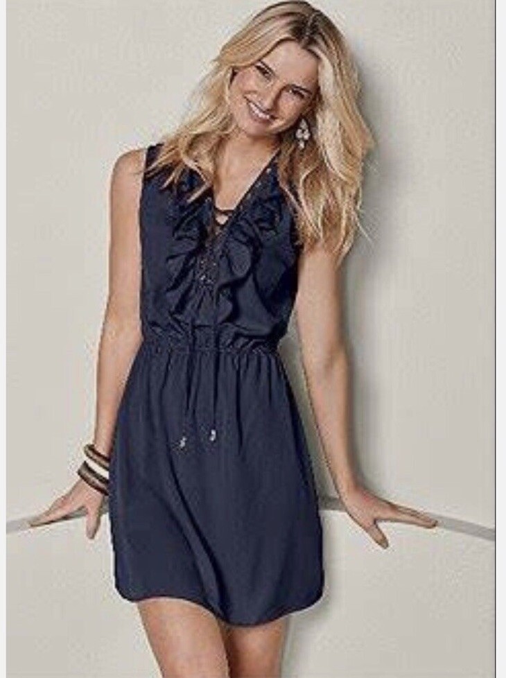 VENUS Woman LACE UP DETAIL Black STRETCH Fit & Flare Dress Large | eBay
