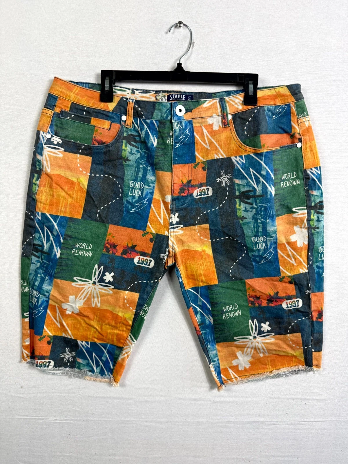 Staple Short Mens 40 Multicolor Patchwork High Rise Frayed Hem Pockets Zip Fly