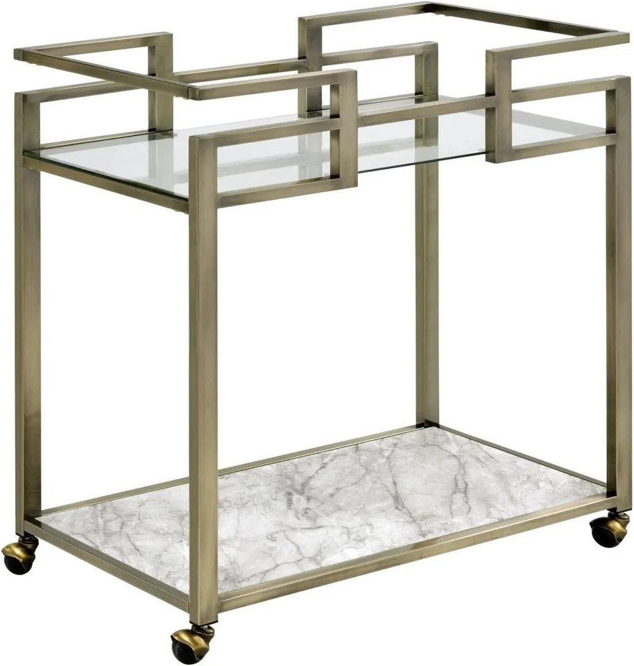 Carro de servir con marco de metal ACME Neilo con estante superior de vidrio en latón transparente y alambre Foto 2 de 2