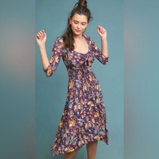 Maeve by Anthropologie Purple Floral Print Beloved Front-Tie Midi Dress Size XS