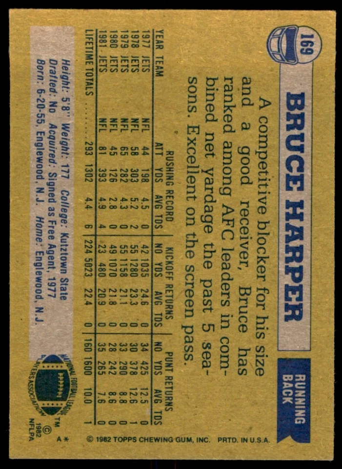 1982 TOPPS BRUCE HARPER . NEW YORK JETS #169 - Image 2 of 2