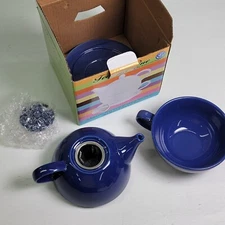 Omniware Tea For One Navy Blue Stoneware Teapot, Mug, Saucer & Infuser N.O.B.
