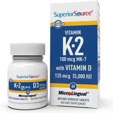 Superior Source Vitamin K-2 100mcg MK-7 , Vitamin D 125mcg, 5,000 IU , 60 tabs